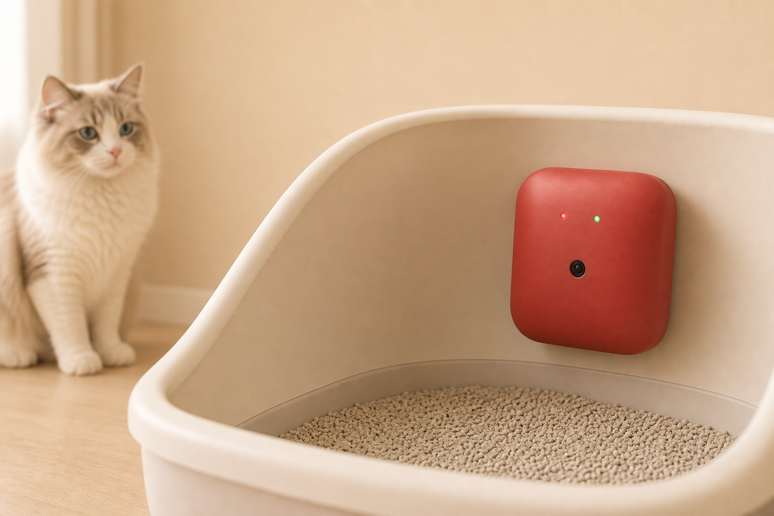 Sniff Kitty red litter box monitor mounted inside a cat litter box